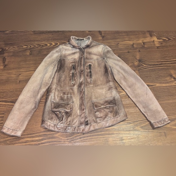 Blur Brown Distressed Leather Jacket  IT 42 US 2 4 6 - Picture 2 of 7